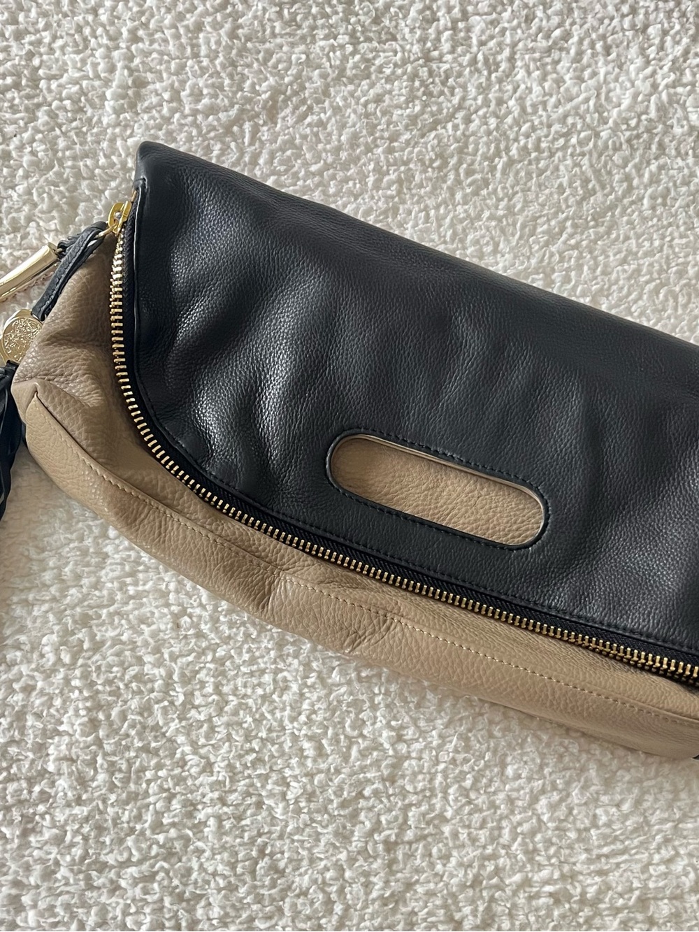 Vince Camuto Two-Tone Black and Beige Leather Foldover Clutch- NWOT